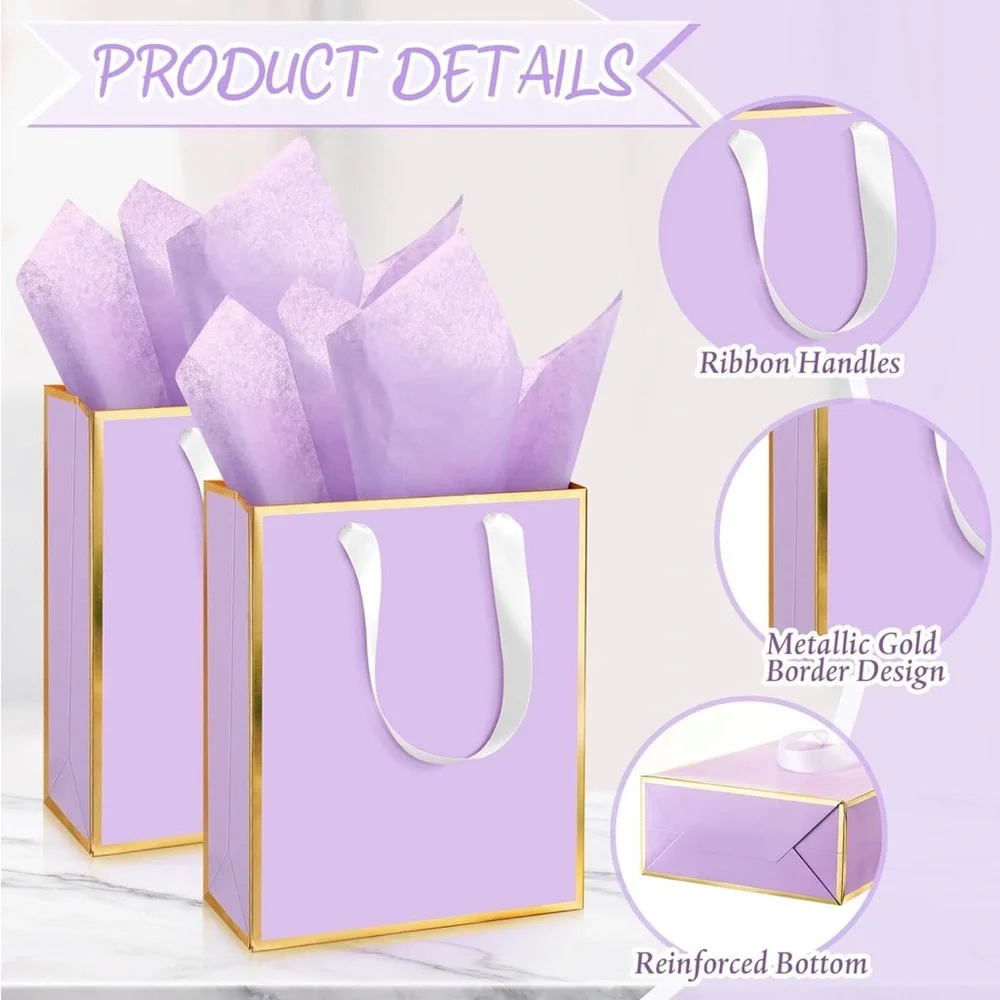 5 Pack Metallic Paper Gift Bags with Handle and Tissue 9 x 7 x 3.1